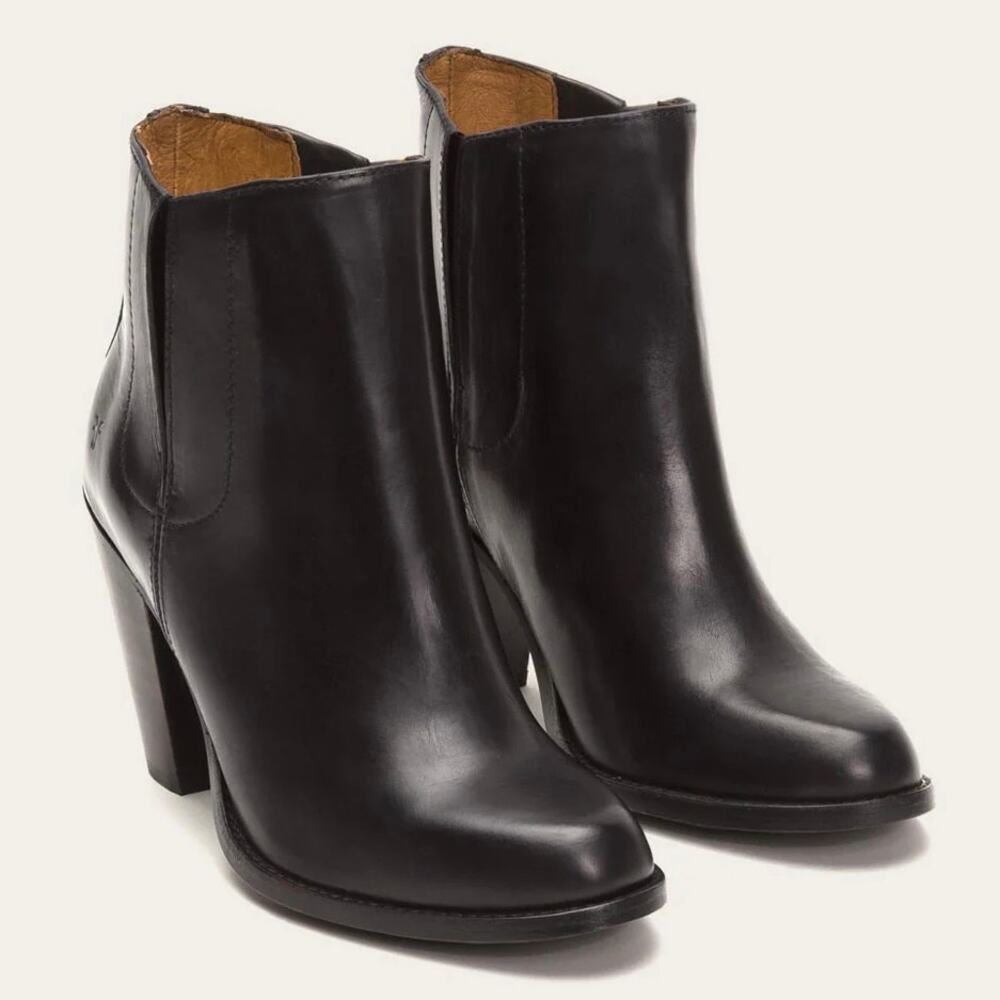 FRYE Jenny Jet Ankle Boots Leather Stacked Block Heeled Chelsea, Black